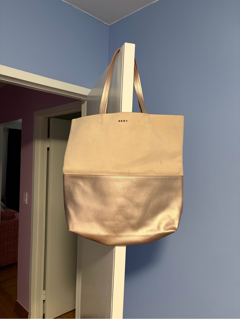 DKNY Beige Canvas & Metallic Rose Gold Tote